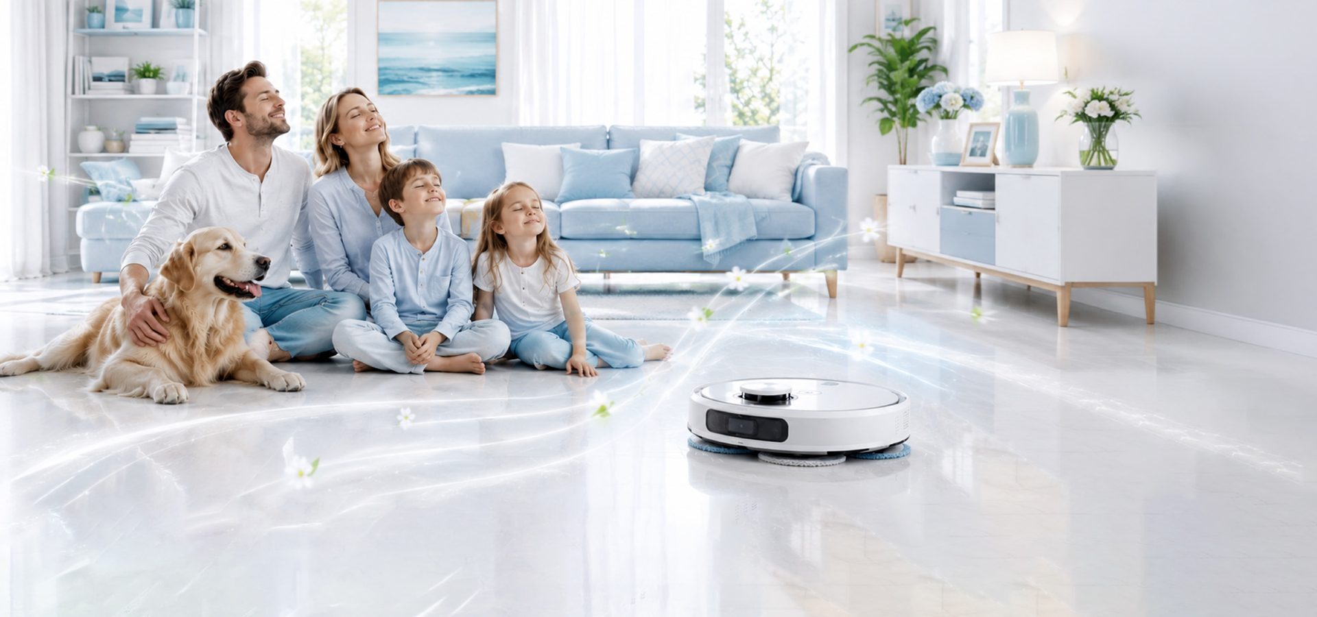 A family relaxing with their dog while a robot mop cleans the floor